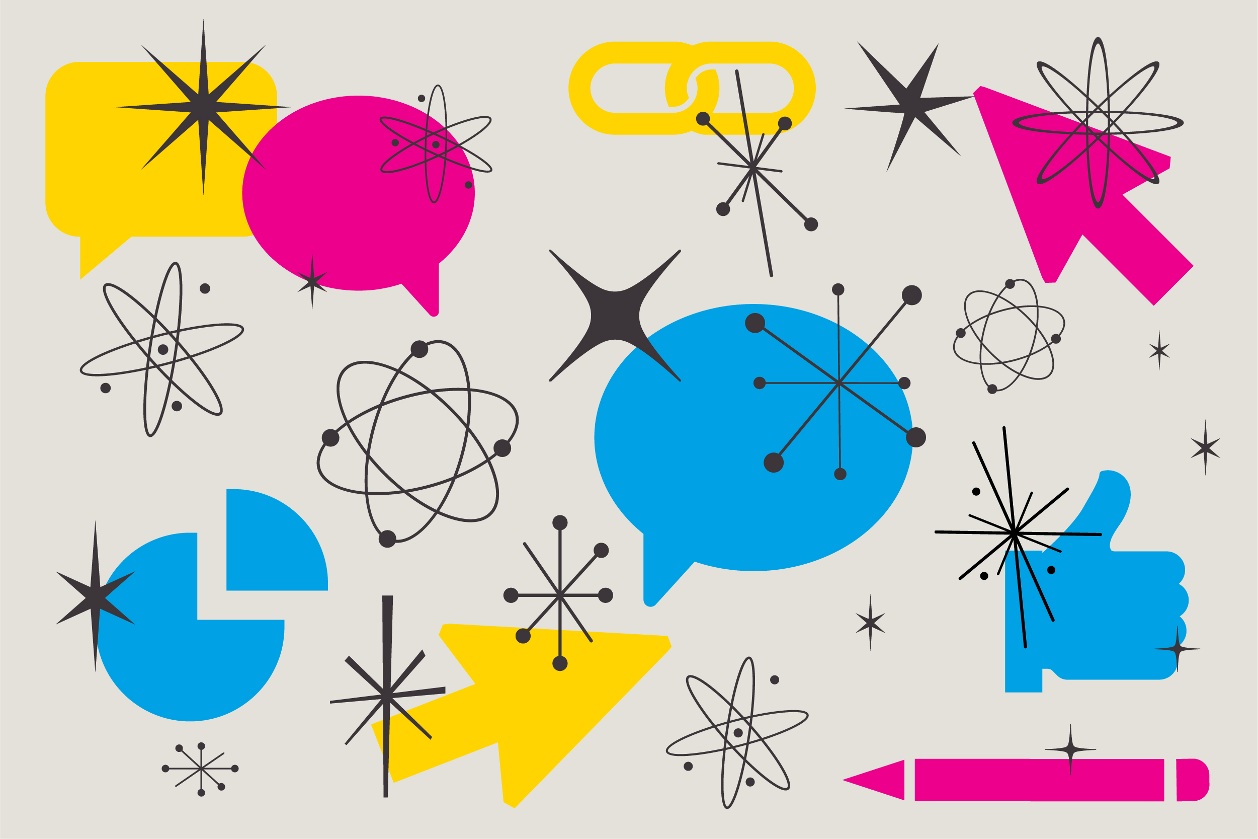 Colorful shapes like a speech bubble, like sign, and cursor