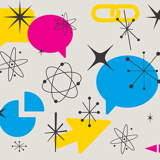 Colorful shapes like a speech bubble, like sign, and cursor